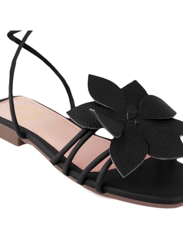 Image of Shoetopia Elegant Flat Sandals with Floral Detail | Chic Lace-Up Straps | Comfortable Summer Footwear for Women