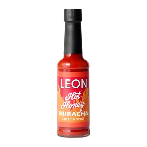LEON Hot Honey Sriracha Hot Sauce with Blossom Honey & Red Chilli. Sticky sweet and spicy for chicken ribs & sandwiches. 155ml