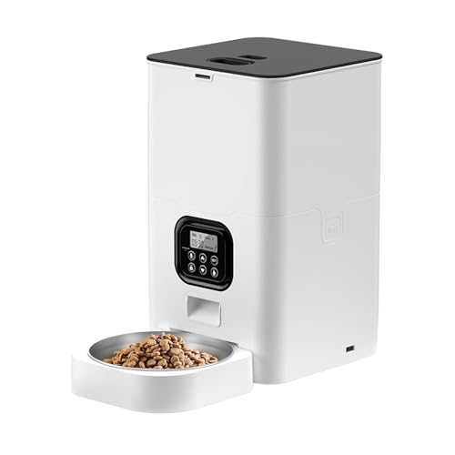 給餌器 ペット自動給餌器 スクエアフィーダー 4L/6L フード収納バケツ 時間指定 定量給餌 取り外し可能 猫と犬に最適 自動給餌器(6L white A,Button)