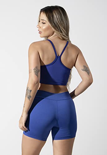 Conjunto Feminino Fitness Top alça fina e Short Curto Suplex Lisa Treino Academia 4 Estações (AZUL R