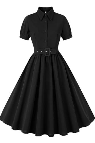 Women rockabilly dress 1940s 50s style vintage outfit belted knee length for tea party work black