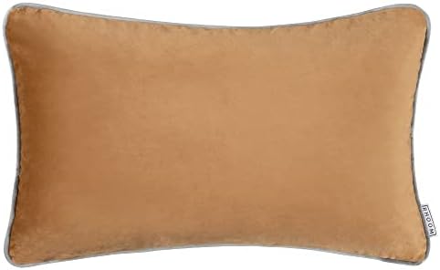 RHOOM Rectangle Velvet Cushion Cover, Blush Pink with Light Grey Piping - Bolster Scatter Throw Pillow for Sofa (30cm x 50cm, 12" x 20")