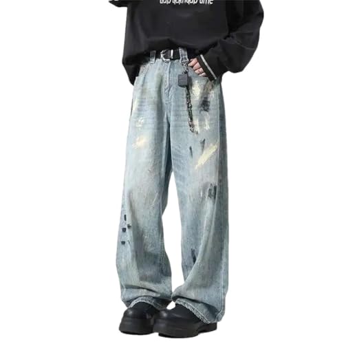 Men’s Niche Splash-Ink Design, Contrast Color, American Style Loose Straight Wide Leg Denim Pants
