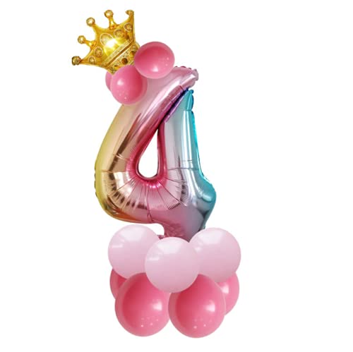Rainbow Color Number 4 Balloon for 4th Birthday, Foil Letter Balloon Set, 14 PCS, 32 inch, with Crown shaped Foil Balloon & Rose Pink Latex Balloons
