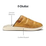 OLUKAI Mua'lli Herren Hausschuhe Premium Leder Slip On Schuhe Shearling Futter & Extra Wärme, Goldener Sand/Knochen, 46 EU