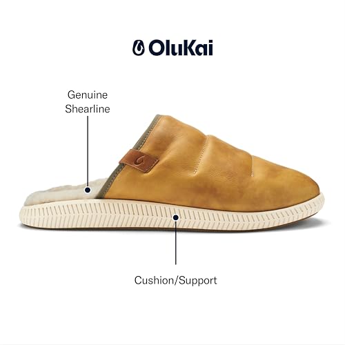 OLUKAI Mua'lli Herren Hausschuhe Premium Leder Slip On Schuhe Shearling Futter & Extra Wärme, Goldener Sand/Knochen, 46 EU