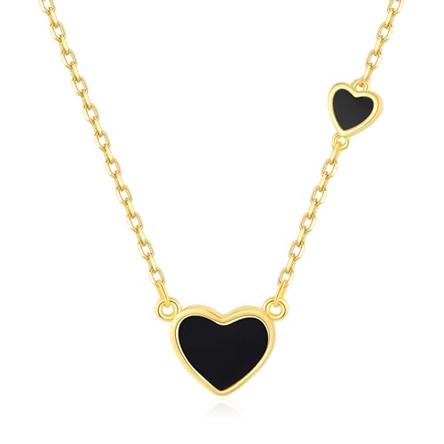 SUNFEEL Black and Gold Necklaces for Women, Double Black Heart Design Love Necklace Trendy Jewelry Gifts for Mom Wife Girlfriend Bridesmaids for Anniversary Birthday Wedding, 16+1+1'' Extender