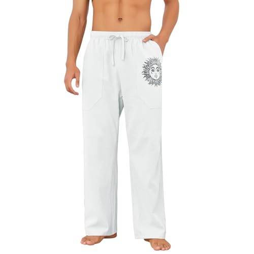 Image of Puimentiua Cotton Linen Pants Men, Summer Beach Pants Loose Fit with Elastic Waist Drawstring
