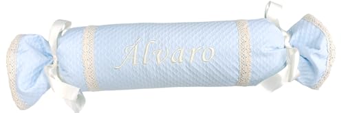 MODIN Cojin Personalizado Bebe con Puntillas. Cojin Bautizo Bebe. (Pique, Azul)