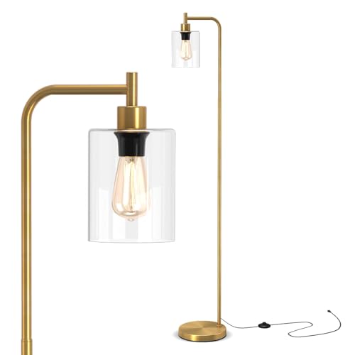 TANGZON Floor Lamp, LED Standing Lamp with Hanging Glass Lampshade, Foot Switch & E27 Socket, Modern Tall Reading Floor Light for Living Room Bedroom Office (Gold)