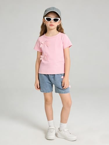 Image of Azmxynol Kid Girls Clothes Outfits Bowknot T-Shirt + 2 In 1 Denim Short Skort Summer Clothing Set, Size 4-10 Years