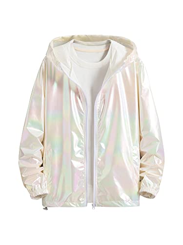 Lars Amadeus Mens Metallic Jacket Lightweight Zip Up Holographic Shiny Hooded Jackets Large White