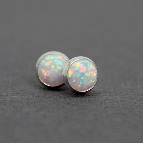 6Mm Opal Stud Earrings For Women And Girls, Round Bezel 925 Sterling Silver (Created-Opal) #TOP3