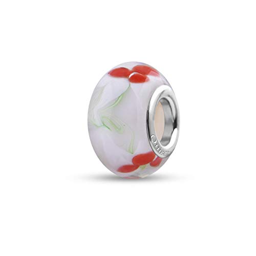 Preisvergleich Produktbild Quiges Glas Bead Perle für Damen Handgemacht Weiß mit Roten Blättern