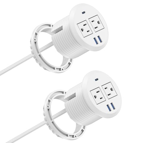 3 inch Desktop Power Grommet USB C,20W Fast Charging Station,Furniture Recessed Power Strip,2 Outlets,3 USB Ports,Flush-Mount for Desktop, Workspace Essential Desk Outlet,2 Pack (White)