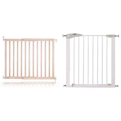 Safetots Chunky Wooden Screw Fit Baby Gate (Natural Wood) & Munchkin Lindam Stair Gate, Sure Shut Axis Toddler & Baby Gate, 76-82cm, White