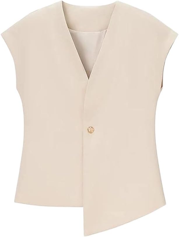 Women Vintage Sleeveless Vest Single Button V-Neck Office Lady Waistcoat