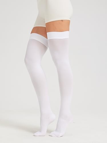 Image of NURCOM 15-20 mmHg Medical Compression Stockings with Dot Silicone Band, Closed Toe Thigh High Compression Socks for Women & Men, Graduated Support Stockings for Varicose Veins, Edema,White,Small