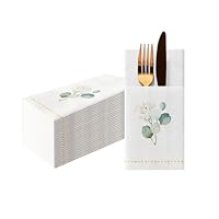 PAW - Besteckservietten aus Airlaid - Stoffähnlich (1/8 falz) | 25 Stück | Ideal für Hochzeit, Taufe, Kommunion, Geburtstag | Serviettentaschen für Besteck | Goldener Eukaliptus