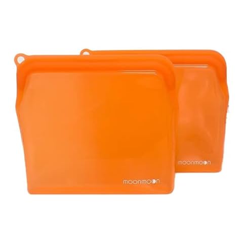 Moonmoon Reusable Silicone Food Bags 900ml | Leakproof Fridge & Freezer Storage | Resealable Pouches for Sandwiches, Snacks, Soup & Zero Waste Shopping (Set of 2, Orange). Plastic Free Cover