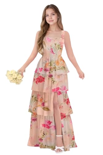 dideyttawl Junior Bridesmaid Dress Spaghetti Strap Square Neck Layered Chiffon A-Line Flower Girl Dress with Slit 25094