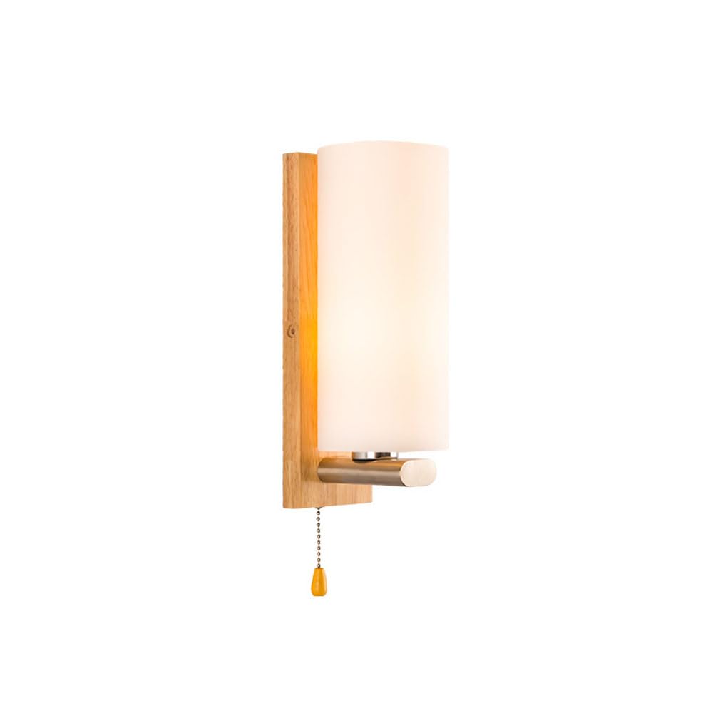 SXSCARKX Scandinavian Nordic Wood Wall Light Glass Lampshade Corridor Balcony Bedside LED E27 Side Lamps Interior for Home Decor Cylindrical