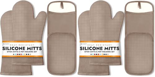 Image of HOMWE Silicone Oven Mitts and Pot Holders, 4-Piece Set, Heavy Duty Cooking Gloves, Kitchen Counter Safe Trivet Mats, Advanced Heat Resistance (Beige, Oven Mitt & Pot Holder) (Pack of 2)