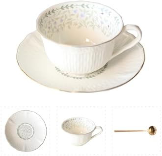 POWDONUNT Vintage Floral Porcelain Tea Cup and Saucer Set with Spoon, Gold Trim, 6.4 oz – Set of 1, Light Blue – Tea & Espresso & Coffee Cups (1, Light Blue)