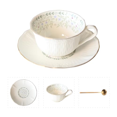 POWDONUNT Vintage Floral Porcelain Tea Cup and Saucer Set with Spoon, Gold Trim, 6.4 oz – Set of 1, Light Blue – Tea & Espresso & Coffee Cups (1, Light Blue)