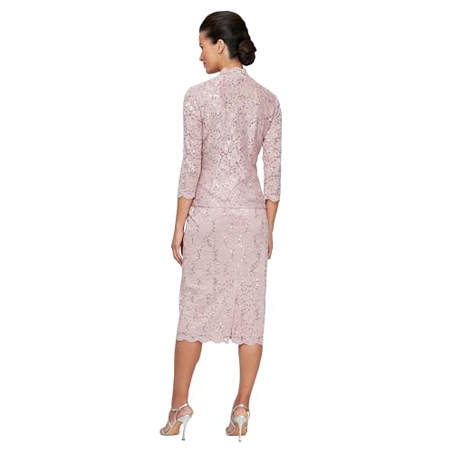 Image of S.L. Fashions Women's Tea Length Sequin Lace Mother of The Bride Dress with Illusion Sleeve Jacket