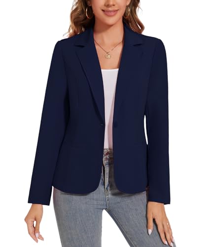 Women's Long Sleeve Stretchy Button Front Lightweight Work Office Blazer with Pockets *Navy Blue,Size M*