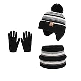 Winter Ski Balaclava for Kids with Gloves Cozy Knitted Cold Weather Cute Beanie Full Face Mask Fleece Fuzzy Warm Hat Black,One Size