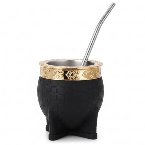 Monwssoe Mate Argentino, Copa Mate Argentina Imperial Negra - Calabaza de Acero Inoxidable con Borde Tallado y Pajita, Aislada para Bebidas Frías/Calientes