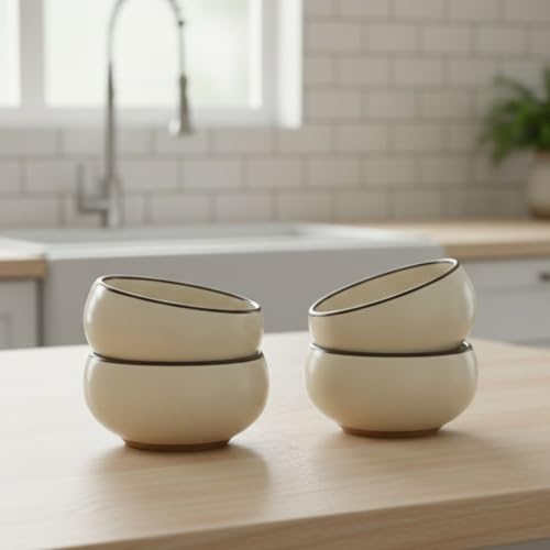 Image of Freakway Ceramic Bowls Set of 4, 150 ML, Cream with Brown Rim