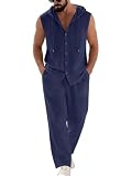 Oanviso Hombre 2 Piezas de Algodón y Lino Sin Mangas Camiseta Chalecos con Capucha + Pantalones de Playa Jogging Pantalón Completo Traje Conjuntos Verano A Armada M