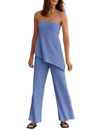 Tankaneo Womens 2 Piece Outfits Asymmetrical Tube Top Wide Leg Pants Knit Vacation Travel 2026 Matching Lounge Sets