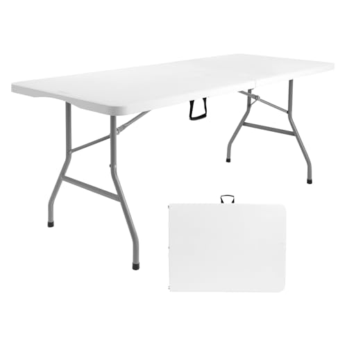 Image of Byliable Folding Table 6ft, Heavy Duty Portable Plastic Fold-in-Half Utility Table with Carrying Handle for Indoor Outdoor, Camping Picnic Party, White