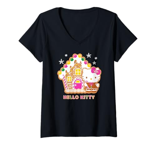 Womens Hello Kitty Christmas Gingerbread House Candy Cane Cookie V-Neck T-Shirt