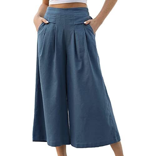 Generisch Pantalon Femme Jupe Pantalon Été Taille Haute Ample Jambe Large Palazzo Pantalon Uni Stretch Respirant Pantalon de Loisirs Extérieur Taille Élastique Pantalon d'été avec Poches S-XXL, bleu