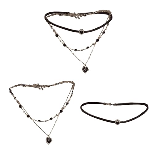 Collar de cordón negro con dije de corazón metálico para superponer capas 4
