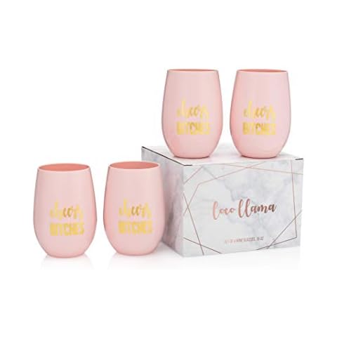 Loco Llama Bridesmaid Proposal Wine Glasses and Bridal Party Gifts - 100% Unbreakable Tritan Plastic with Gold Foil Accents - 16 ounces (Pink Cheers Set, 4) Cover