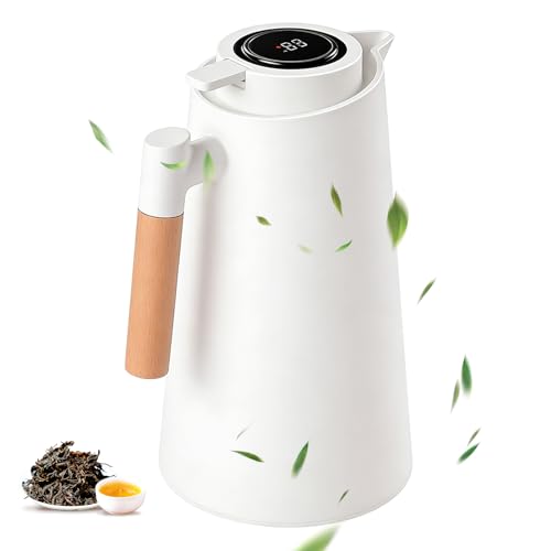 GOEDCH Termo de 1000 ml con indicador de temperatura: jarra térmica con colador de té, acero inoxidable, tetera térmica de doble inserto de cristal para el hogar y la oficina, café, té y leche, color