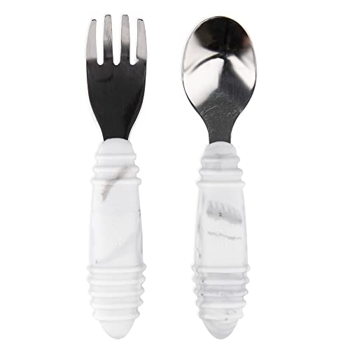 Bumkins Toddler Utensils, Kids Size Fork and Spoon Set, Silicone and Stainless-Steel Training Silverware, Angled Forks / Sporks for Self-Feeding, Children Hold Learning to Eat, 18 Months Up, Marble by Bumkins - Used condition - US$5.04