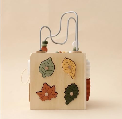 Image of Wooden Activity Cube, Bead Maze, Gears, Shapes, Rabbit Figure, 10 x 10 x 10 inches