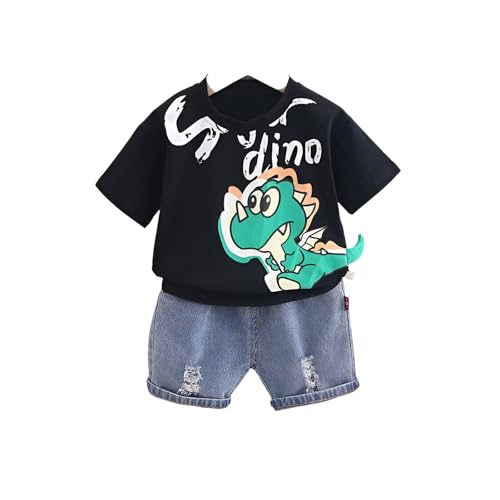 Image of Googo Gaaga Cotton T-shirt with Bottom Folded Denim Shorts - Clothing Set for Baby Boys | Toddlers | Half Sleeves | Cute Dinosaur Cartoon Printed | Round Neck | Dress for Kids