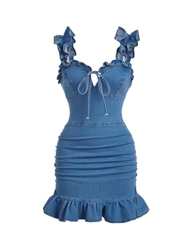 WDIRARA Women's Runched Tie Front Mini Denim Dress Ruffle Sleeveless Bodycon Cami Dresses