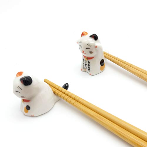 5 Pairs Chopsticks And Chopstick Rest Set, Cute Lucky Cat Chopsticks Holder 5 Cats, Classic Japanese Style Bamboo Natural Reusable Chopsticks, Dishwasher - Safe, Chopsticks Holder Gift Set (Lucky Cat) #TOP6