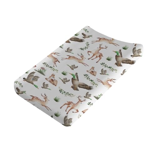 Image of Wild Animals Hunting Baby Changing Pad Cover Sheets for Boys & Girls 32''x16'' Hunting Animals Boho Leaves Unisex Fitted Diaper Change Table Sheets Soft Breathable Changing Table Mats