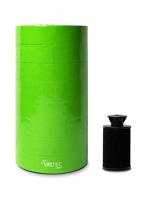 Veltec Pricing Labels for Monarch 1136 Labeler, 8 Rolls, 14,000 Two Line Labels, Ink Roller Included (Green)