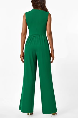 Image of PRETTYGARDEN Women's Summer Dressy Casual Jumpsuits | Cozy Ribbed Fabric, Sleeveless Mock Neck, Back Zipper, Pockets, Wide Leg Pants Rompers, Fashion Clothing, One Piece Outfits